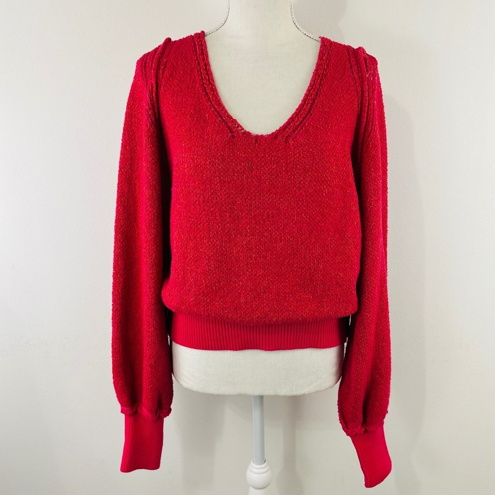 Free People Red V-Neck Balloon Sleeve Pointelle Pullover Sweater Large - Picture 2 of 9